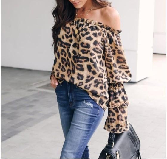 leopard printed off shoulder flare long sleeve sexy blouses p125633