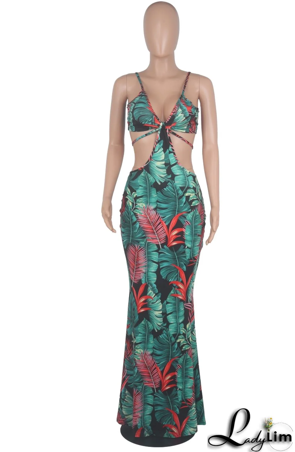 Summer Sexy Floral Green Hollow Out Halter Strap Mermaid Long Dress