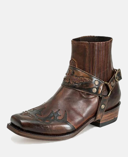 Retro Burn-out Square Toe Buckle PU Leather Short Boots