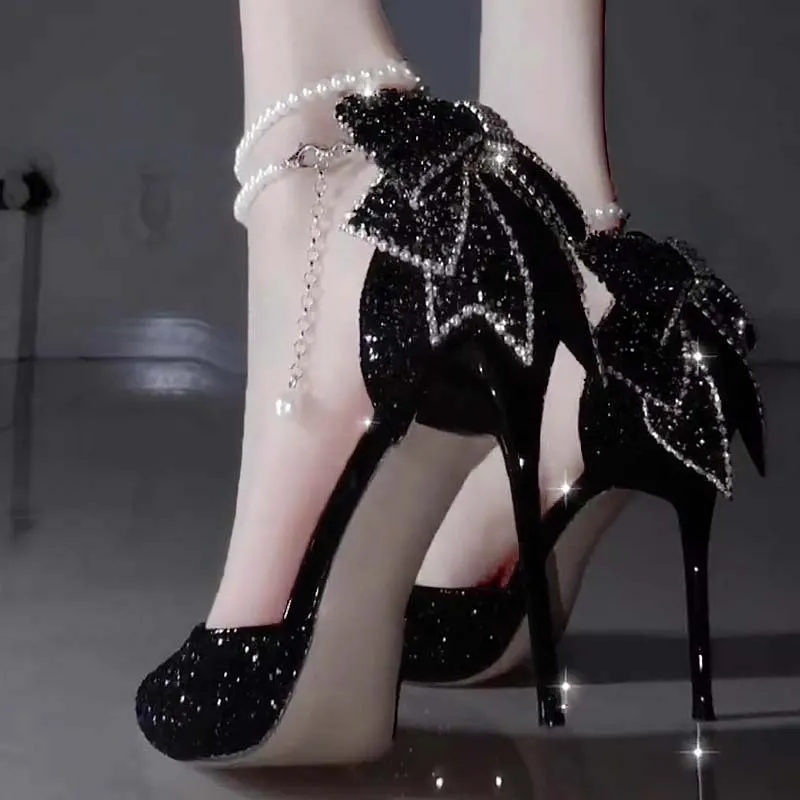 Breakj Breakj High Heels Female Student 18-Year-Old Adult Butterfly Crystal Wedding Shoes 2025 New Evening Dress Fine Heel Single Shoes