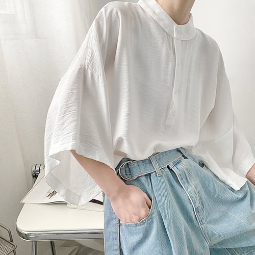 -Oversize Stand-up Collar Shirt Korean Loose Solid Color Short-sleeved Bf Shirt-Dawfashion- Original Design Clothing Store-Halloween 2022
