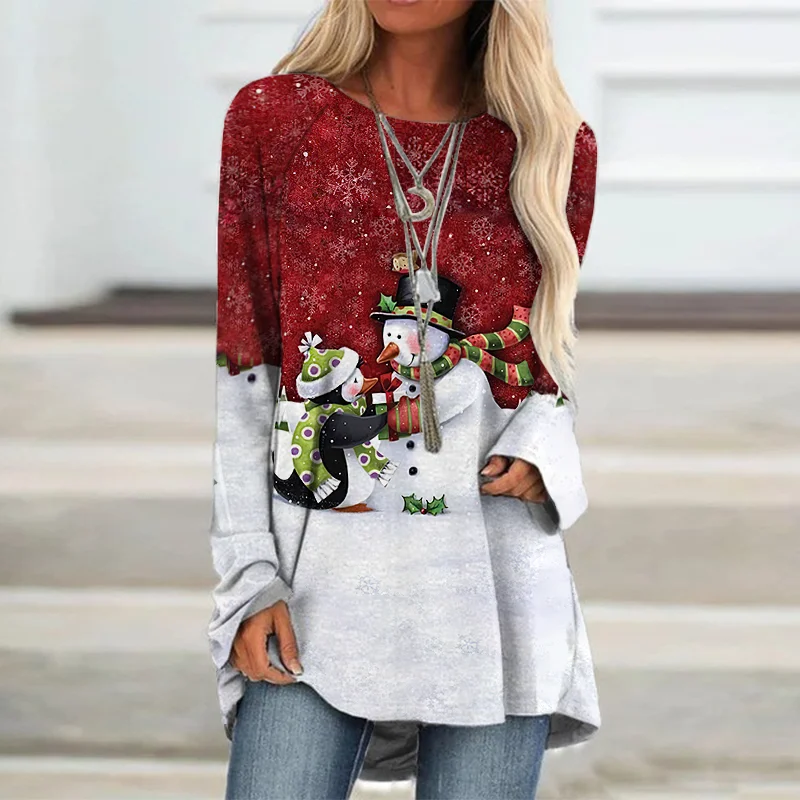 Womens Penguin And Snowman Printed Long Blouse
