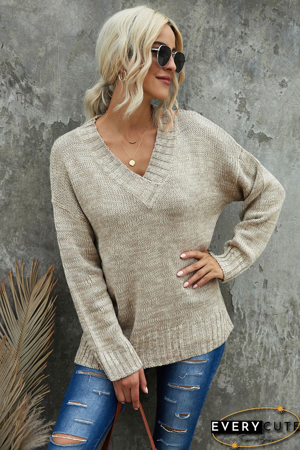 Khaki V neck Drop Shoulder Knitted Sweater