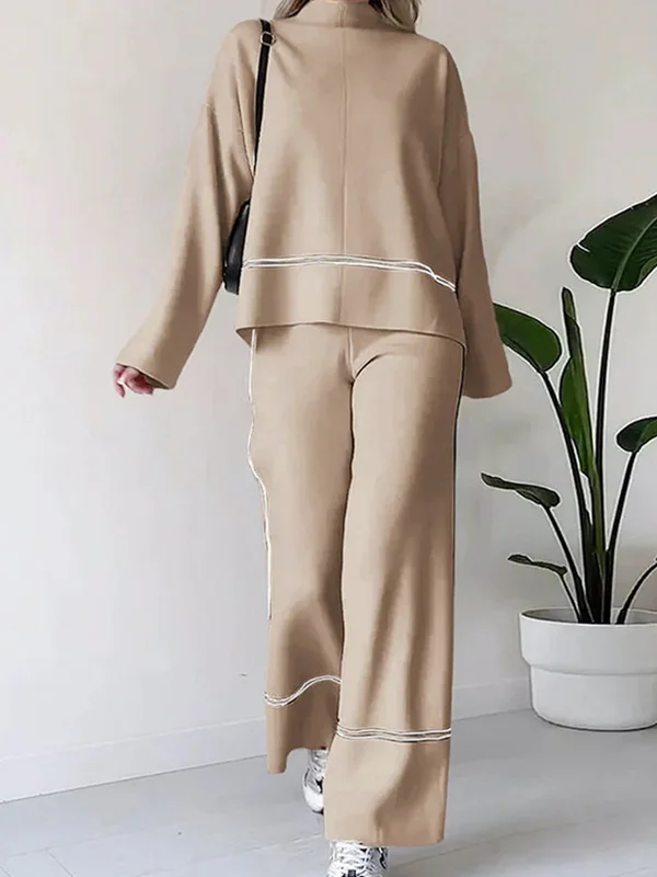 High-Low Contrast Color Split-Side Round-Neck Sweater Top + High Waisted Pants Bottom Two Pieces Set