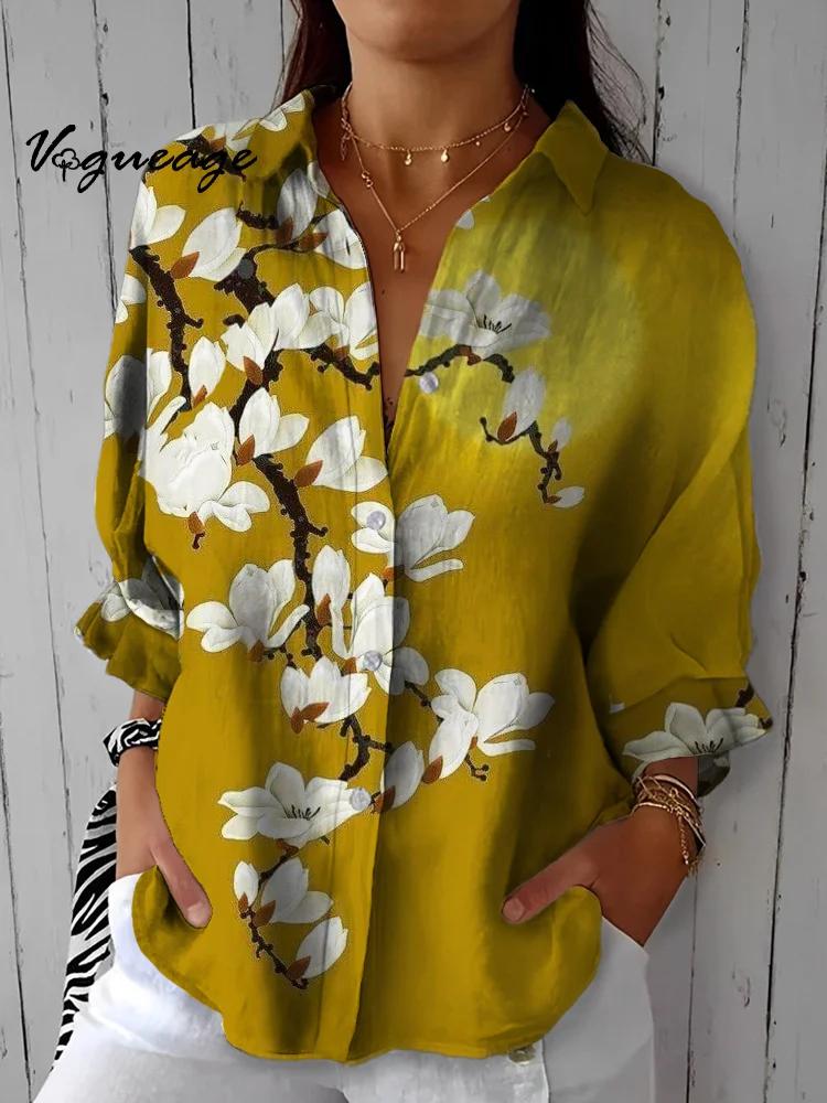 Natural Floral Pattern Art Print Cotton And Linen Women Shirt