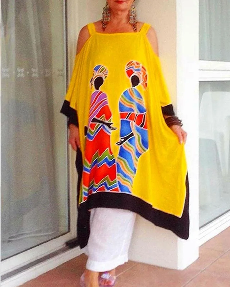 Positioning Print Suspender Mid Length Dress