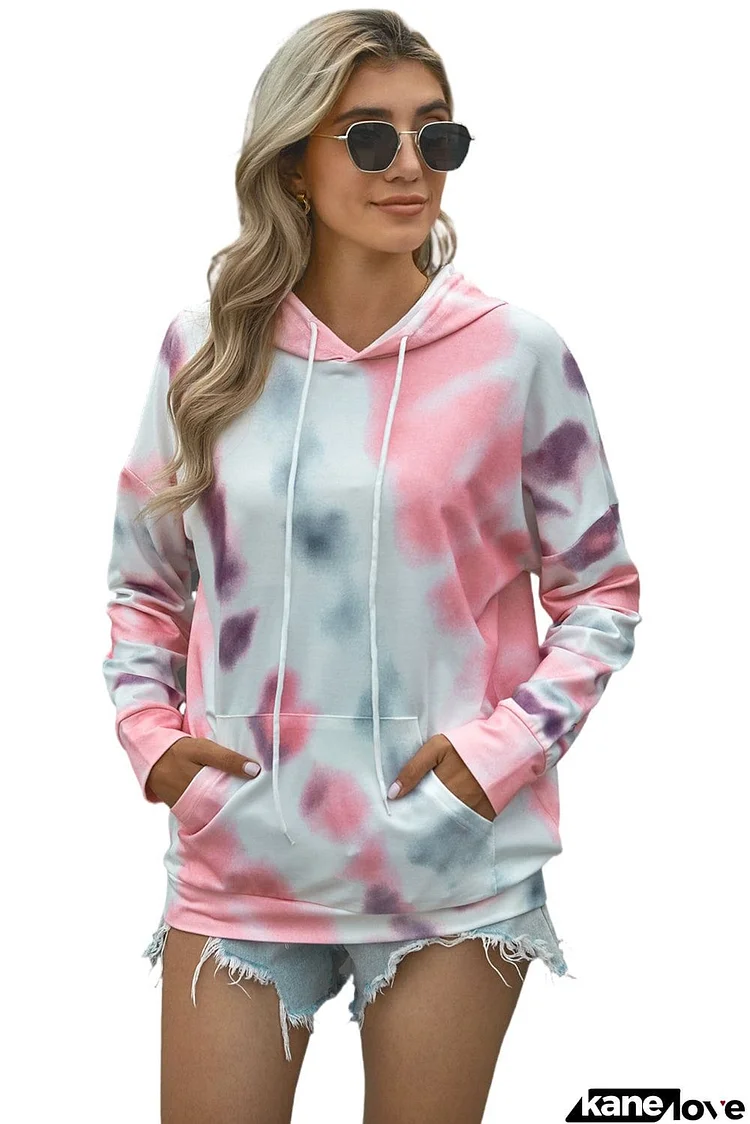 Multicolor Dropped Sleeve Tie-dye Kangaroo Pocket Hoodie with Drawstring