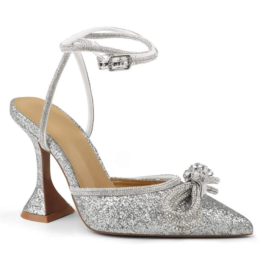 95mm Crystal-embellished  Point-toe Pumps With Glitter Strappy Triangle Heels Sandals-MERUMOTE