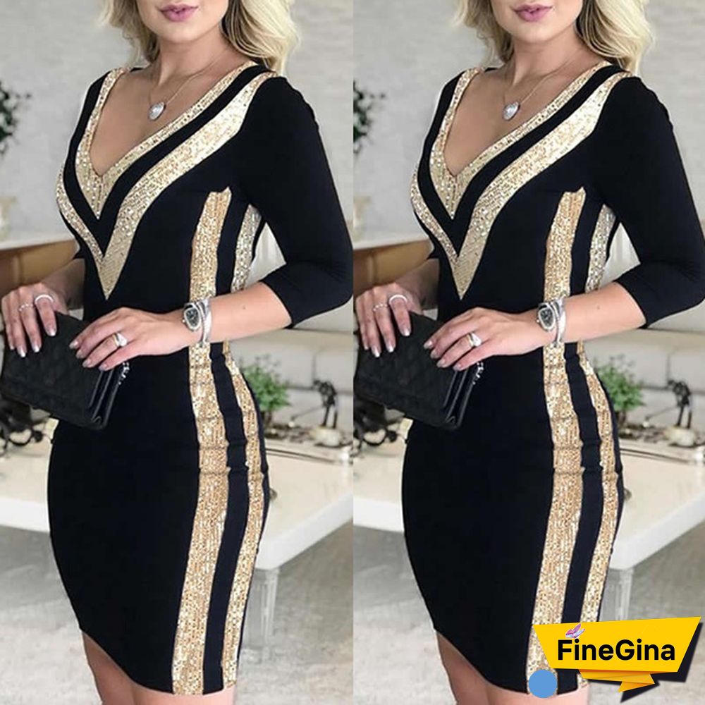New Women Fashion Deep V-Neck Sequins Colorblock Long Sleeve Bodycon Dresses Package Hip Robe Cocktail Vestidos Party Dress Plus Size