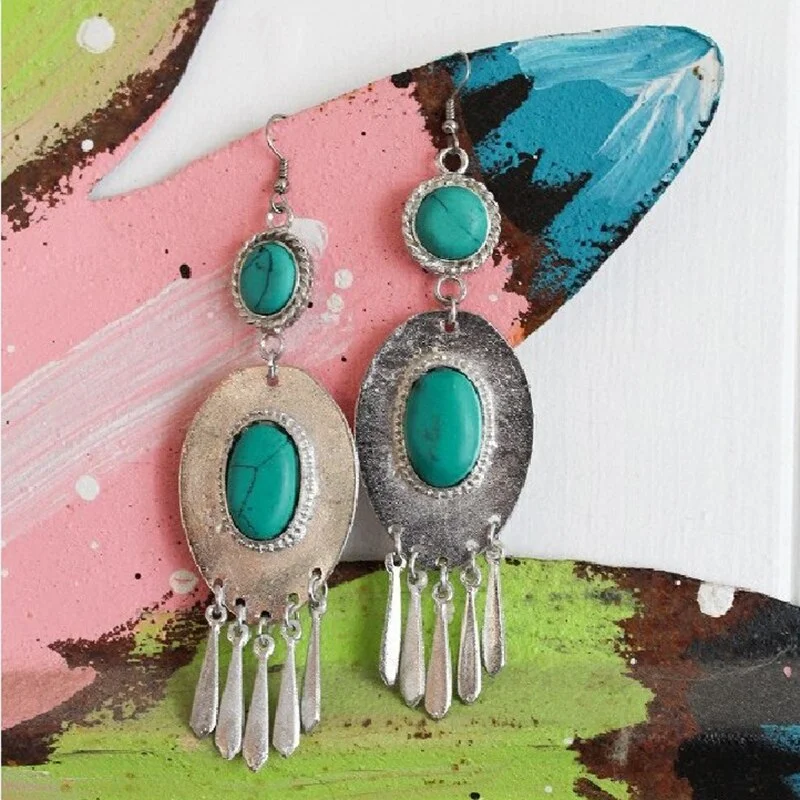 Huge Oval Long Tassel Dangle Earrings For Women  Bohemian Green Stone Silver Color Tibetan Ethnic Earrings Party Jewelry