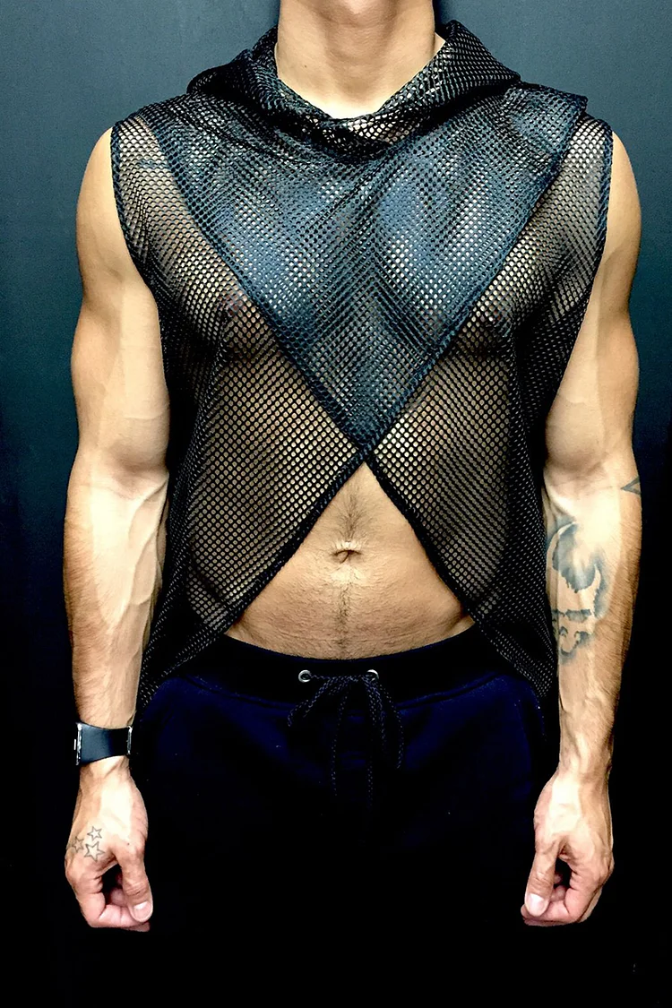 Men's See Through Irregular Casual Hooded Black Tank Top