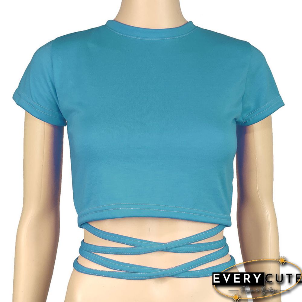 New O Neck Solid Tshirt Women Summer Cross Bandage Tee Sexy Short Sleeve Camisole Casual Tank Top Fashion Female Crop Tops Shirt