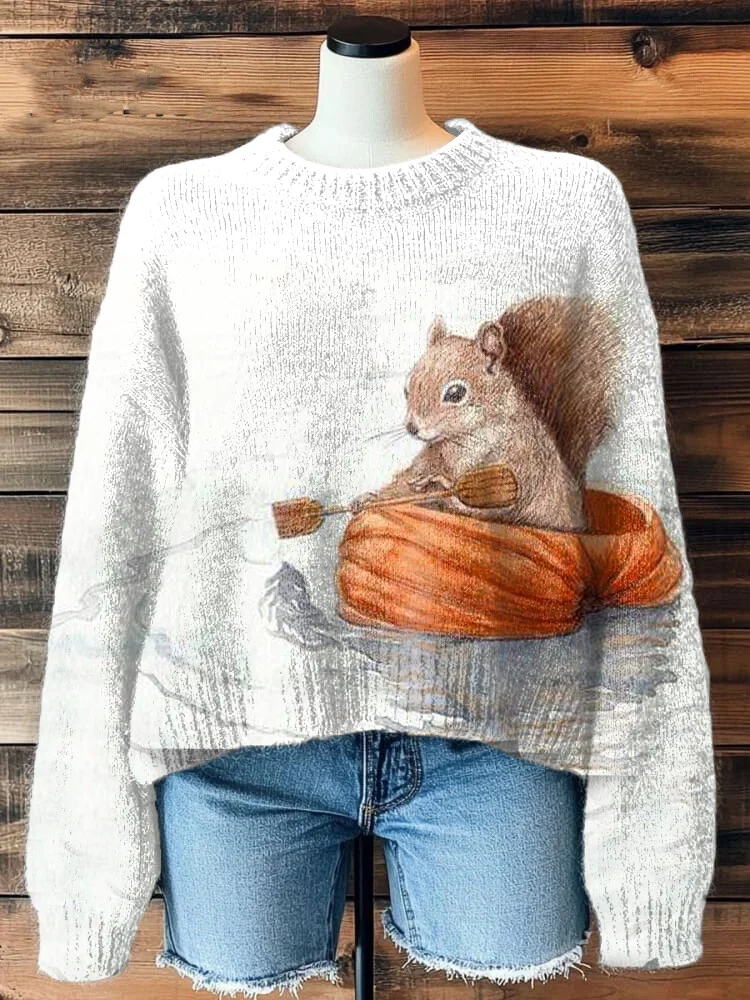 Women's Cute Squirrel Rowing A Pumpkin Boat Print Knit Sweatshirt