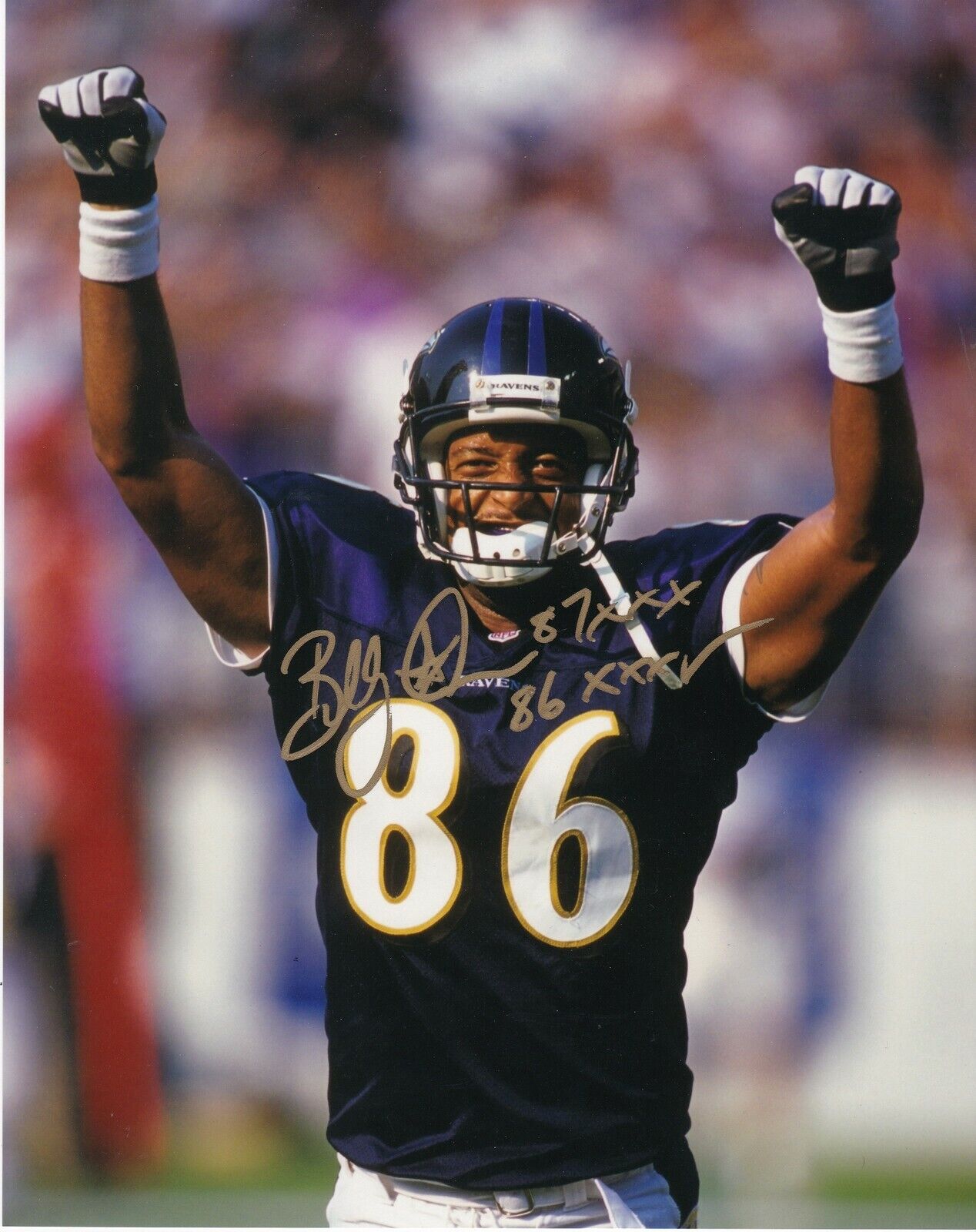 BILLY DAVIS BALTIMORE RAVENS SB XXXV ACTION SIGNED 8x10