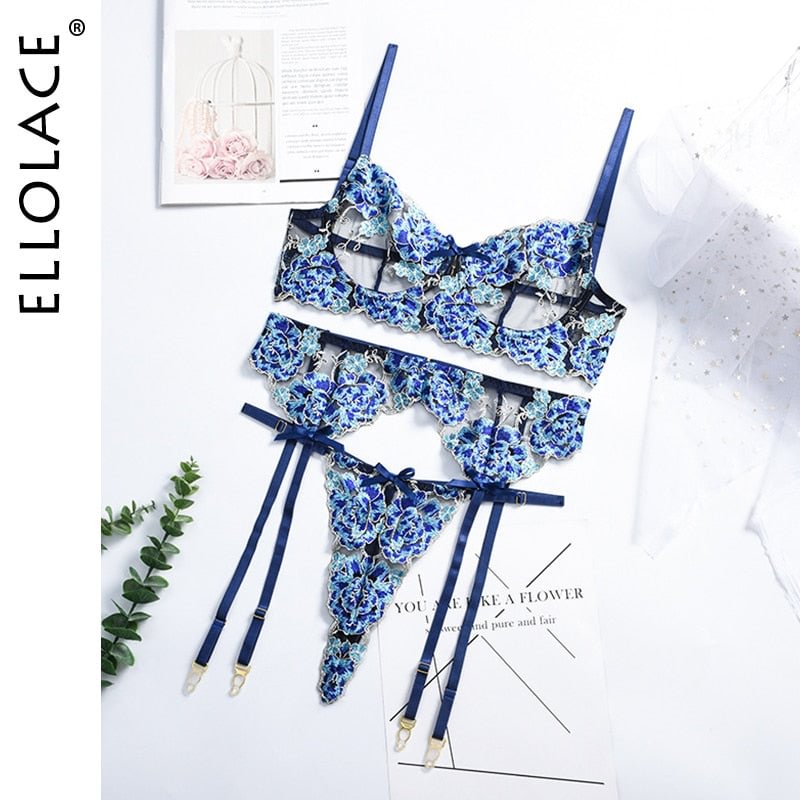 Ellolace Sexy Floral Lingerie Fancy Beautiful Exotic Sets Embroidery Underwire Bra Thongs Garters Erotic Seamless Underwear