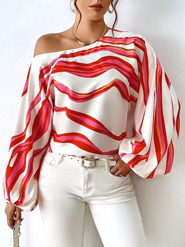Long Sleeves Loose Asymmetric Striped One-Shoulder Blouses&Shirts Tops