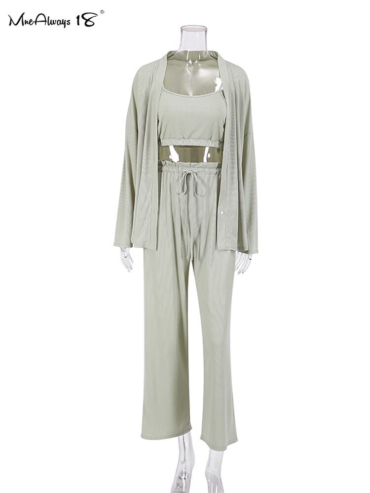 Fongt Ribbed Drop Sleeves Casual Sets Women 3 Pieces Homewear Outfits Vest And Shirts Bud Wasit Pants Suits Sleepwear 2022