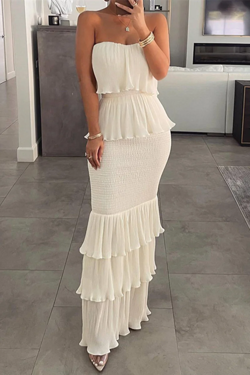 Cream White Sexy Casual Solid Patchwork Backless Strapless Long Dress Dresses | EGEMISS