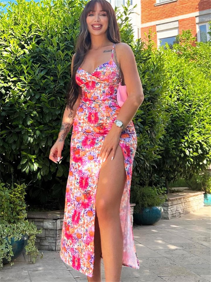 Summer Digital Print V-neck Halter Mid-length Open Halter Dress -vasmok