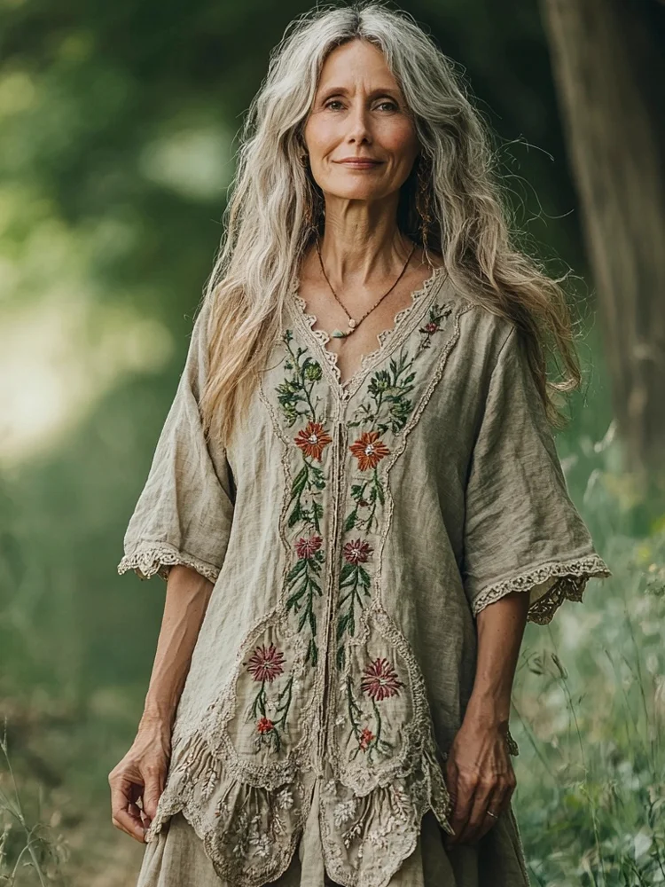 VChics Forest Floral Embroidered Lace Patchwork Women's Linen Dress