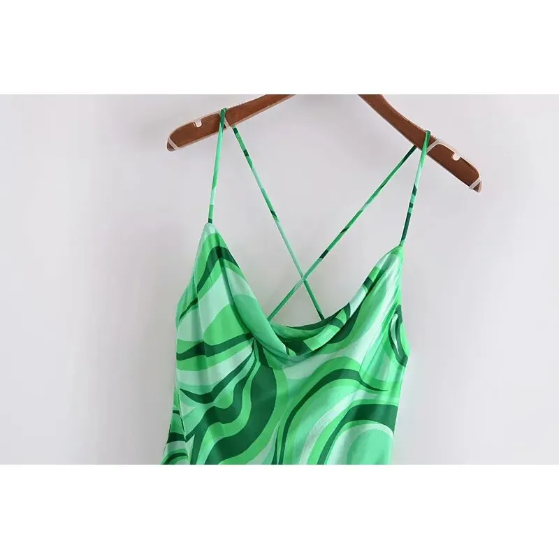 SLMD Vintage Chic Green Print Cross Strap Mini Dress Women 2021 Fashion Sexy Backless Draped Party Dresses Female Vestidos
