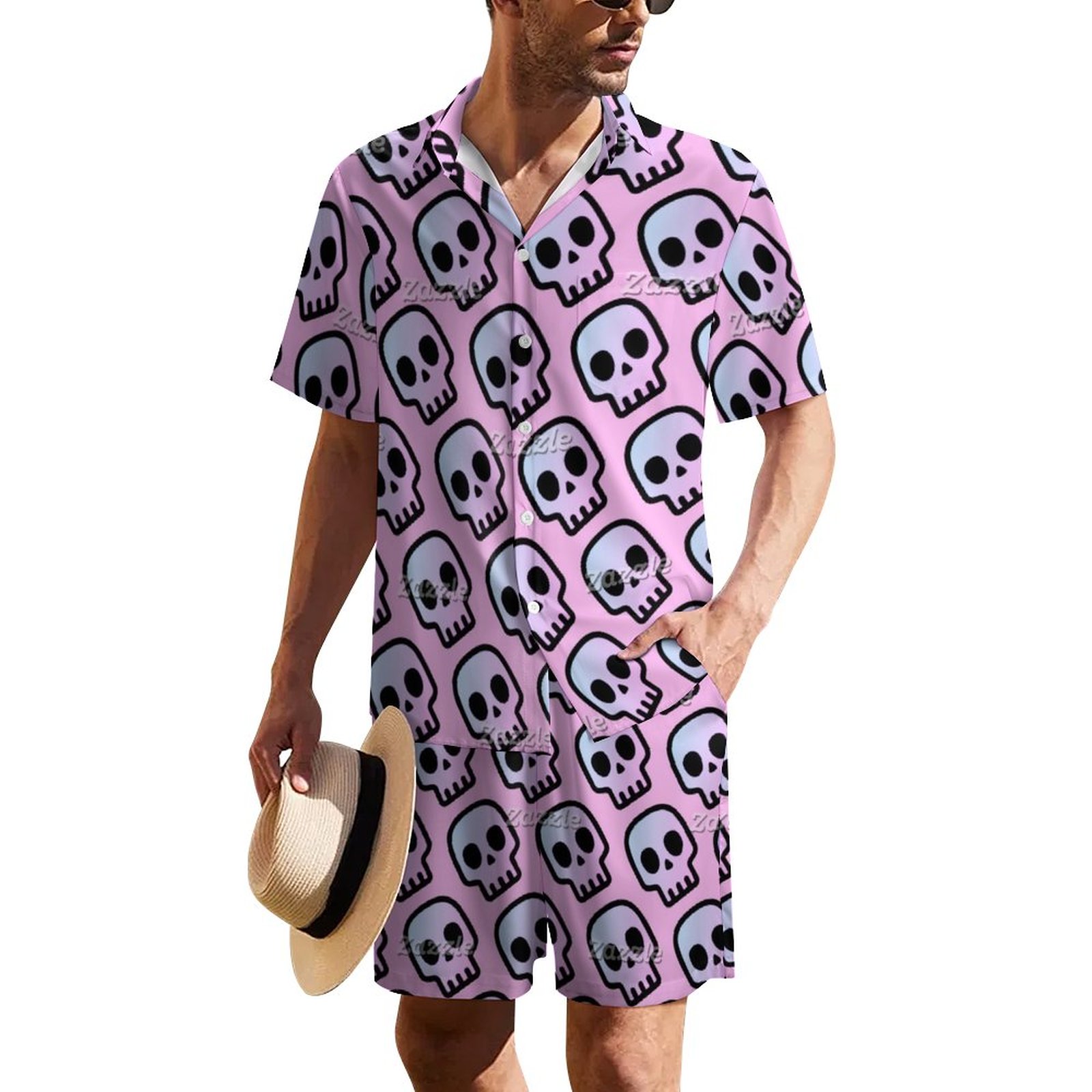 Pastel goth creepy cute headhunter emoji skull | Men's Summer Hawaiian Matching Set | board shorts silly hawaiian shirts best swim shorts for men resort wear