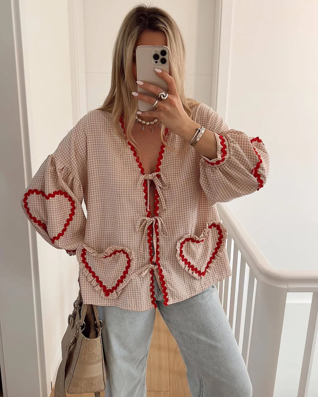 Brownm Brownm Women's Clothing New Fashion Loose Long-Sleeved Plaid Love With Shirt Women