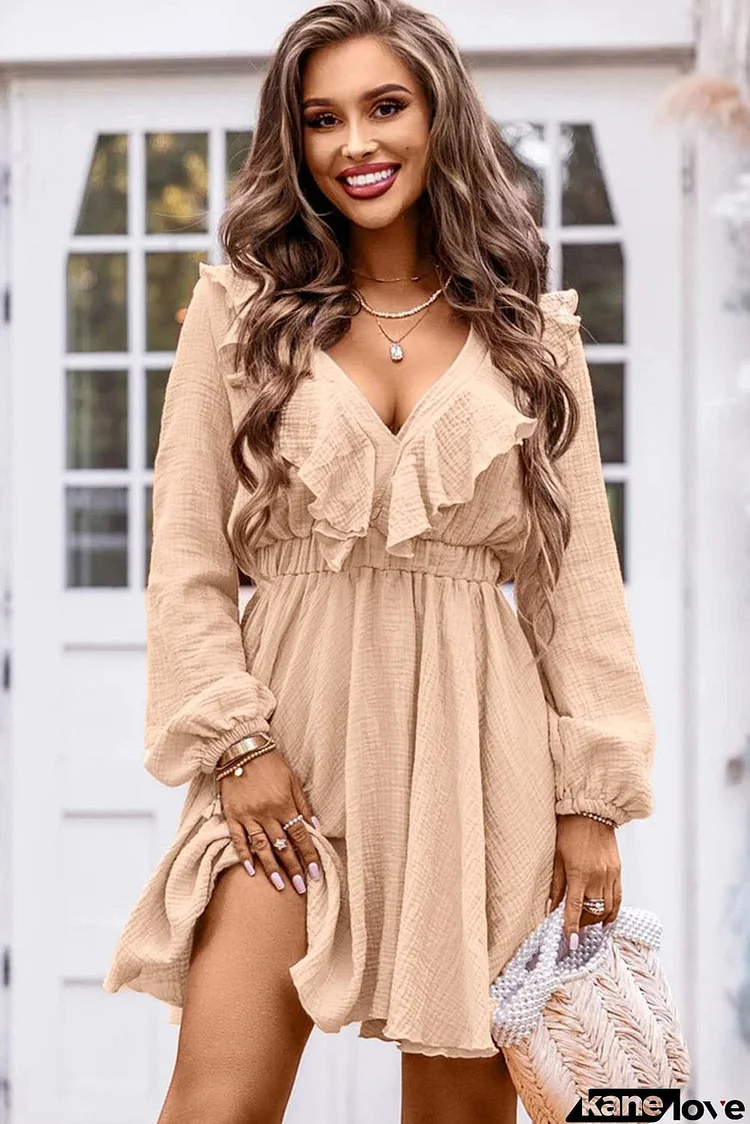 Ruffle Trim V-Neck Long Sleeve Mini Dress