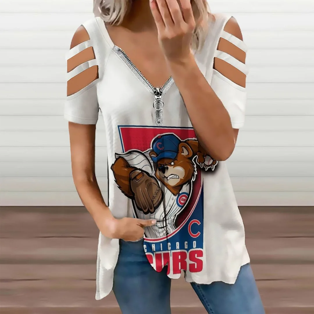 Shoulder Off V-neck Zipper Front Short Sleeve Casual T-shirt for Women Printed with Pattern,Blue,Red