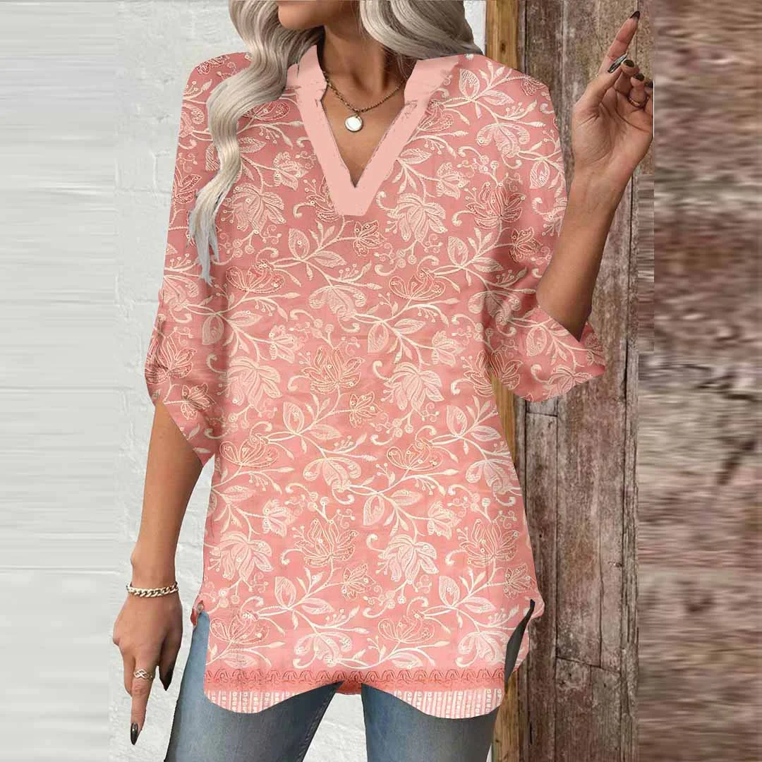 Women Floral, Retro, Orange DZGA0444 3/4 Sleeve V-neck Printed Graphic Button Tops