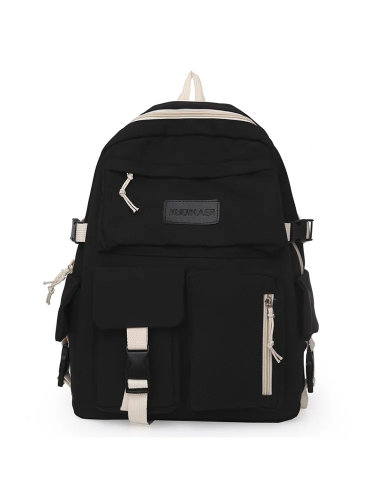 Women Fashion Travel Canvas Contrast Color Backpack Large Rucksack (Black)