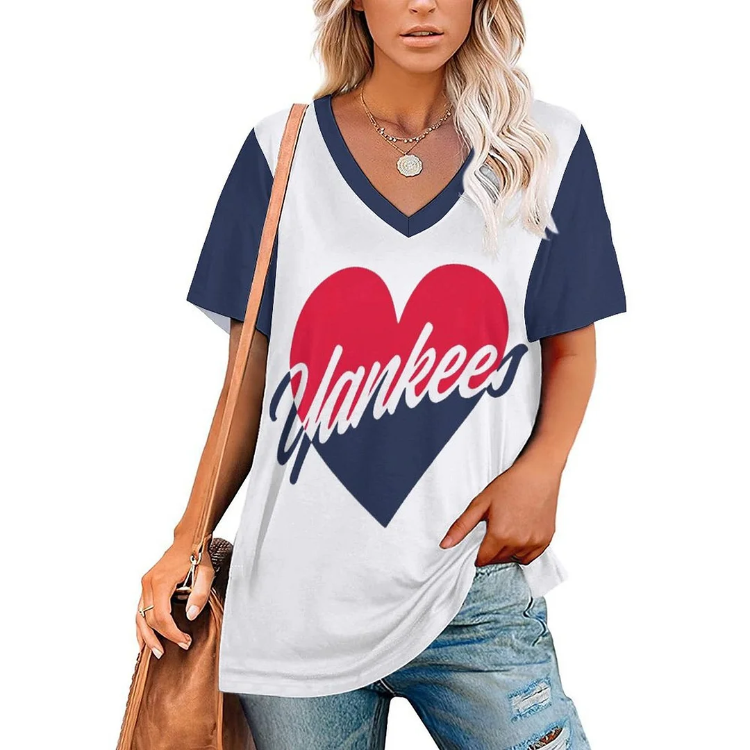 V-neck Short Sleeve Casual T-shirt for  Women Printed with Pattern ,Blue