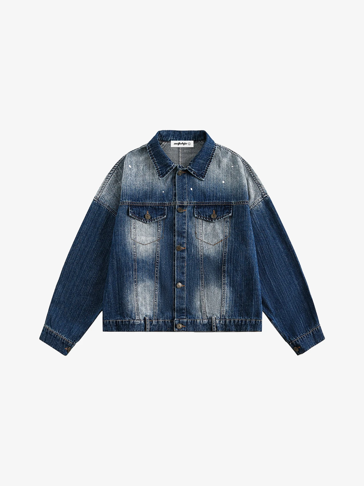 Blue Act Chic Washed Gradient Ink-Splatter Denim Jacket Front