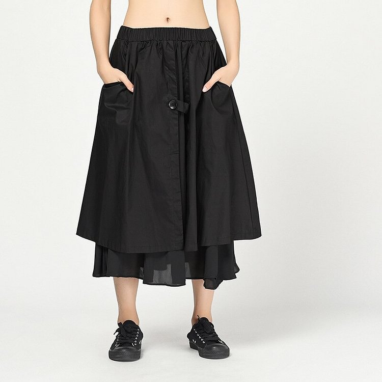 Street Style Button Pleated Pockets Double Layer Patchwork Skirt      