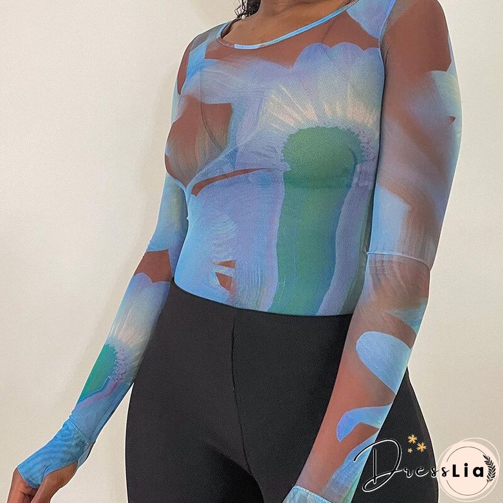 Autumn Print Mesh Top O Neck Long Sleeve Basic T Shirt Harajuku Vintage Retro Punk Style Clothes Aesthetic Streetwear Y2K