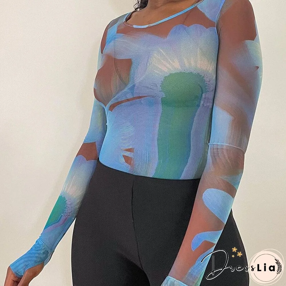 Autumn Print Mesh Top O Neck Long Sleeve Basic T Shirt Harajuku Vintage Retro Punk Style Clothes Aesthetic Streetwear Y2K