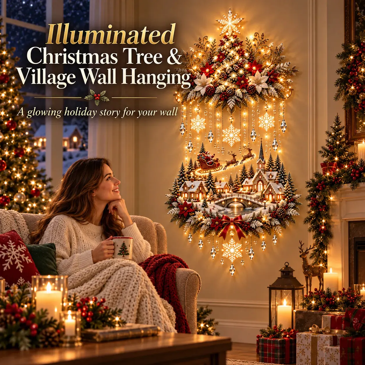 Illuminated Christmas tree and village wall hanging