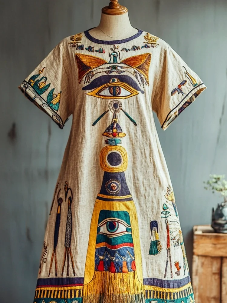 Egyptian Elements Embroidery Vintage Women's Linen Short Sleeve Dress