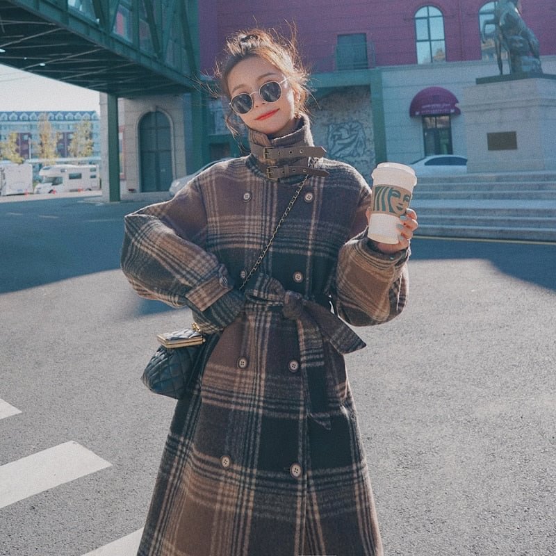 Brand New Women Winter Coat Long Double-Breasted Plaid Overcoat Wool Blend Coat for Lady with Belt Female Outerwear Clothes Warm
