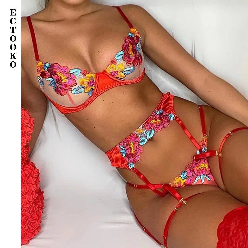 ECTOOKO 2022 Transpar  Woman Sexy Lingeri Set Sexi 3-Pieces  Sexi Woman Erot Lingeri Sexi Set Woman Sexi Garter  Costum Bra