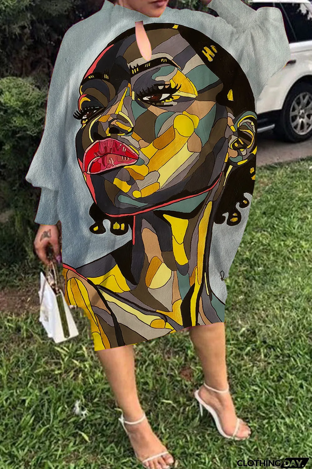 Light Gray Fashion Print Hollowed Out Round Neck Long Sleeve Dress