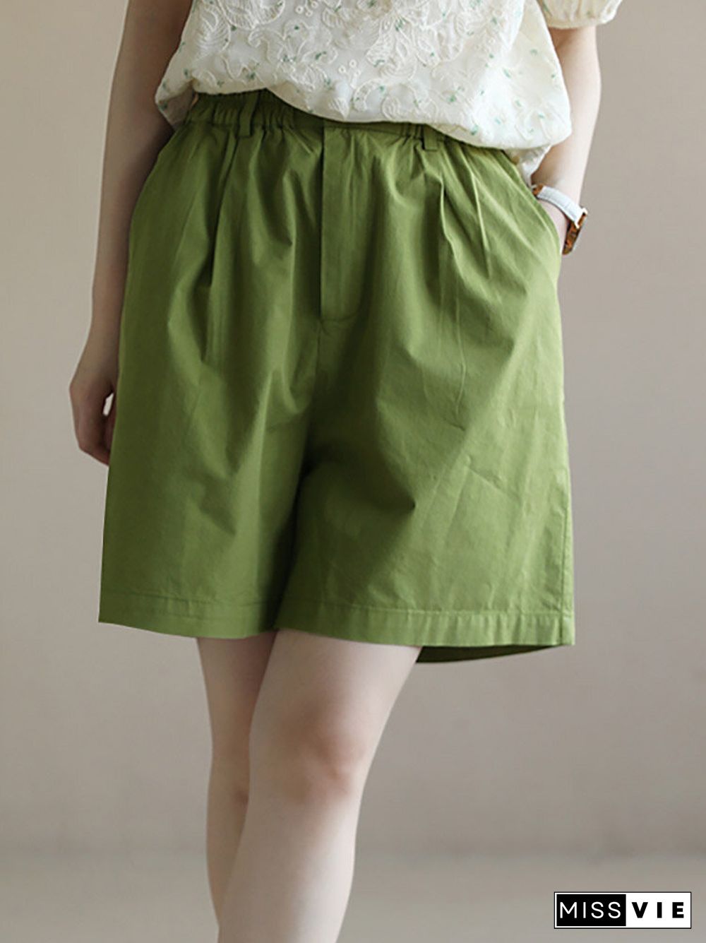 Solid Pocket Elastic Waist Wide Leg Casual Shorts