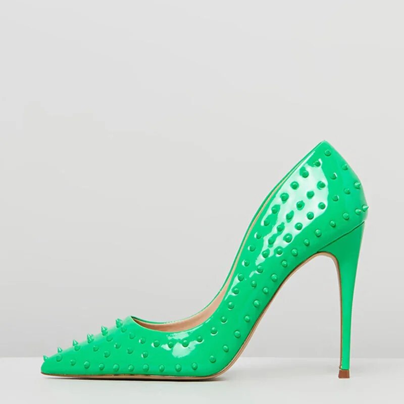TAAFO Neon Green Rivets Stilettos Pointed Toe Pumps Woman High Thin Heels Ladies Dance Party Shoes Large Size 30 33 35 