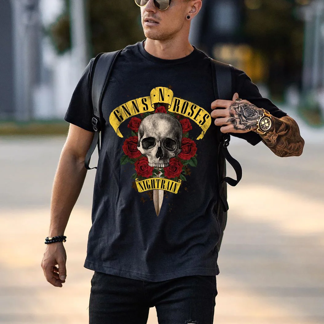 Mens Vintage Skull And Rose Printed Short-sleeved T-shirt