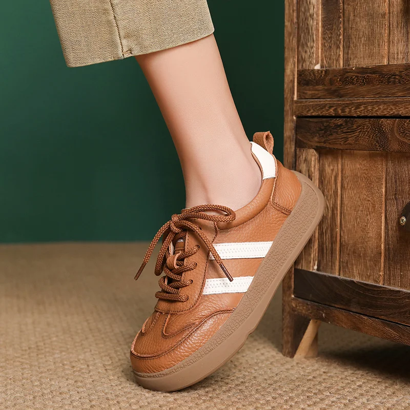 Yyvonne Layer Cowhide Flat-Soled Single-Shoe Women 2025 Spring New Passion Casual Descun Shoes Round Head Lace Board Shoes