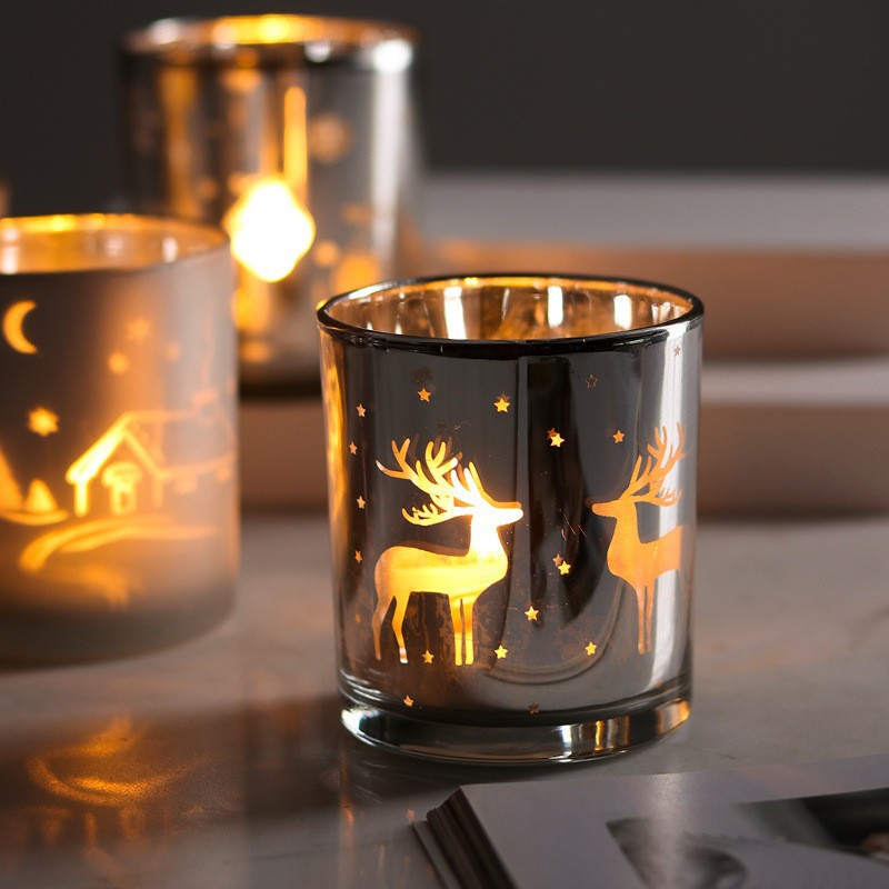 Reindeer Glass Christmas Candle Holder Snowflake Tree Stars
