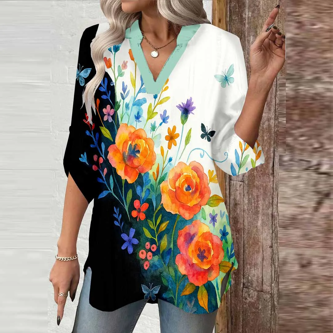 Women Floral,Orange,Blue DZGA0777 3/4 Sleeve V-neck Printed Graphic Button Tops