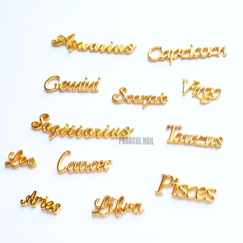 12pcs Nail Art Charm 3D Alloy Gold Constellation Letters Shape Crystal Rhinestone Press On Tips Decoration-Nail Inspo