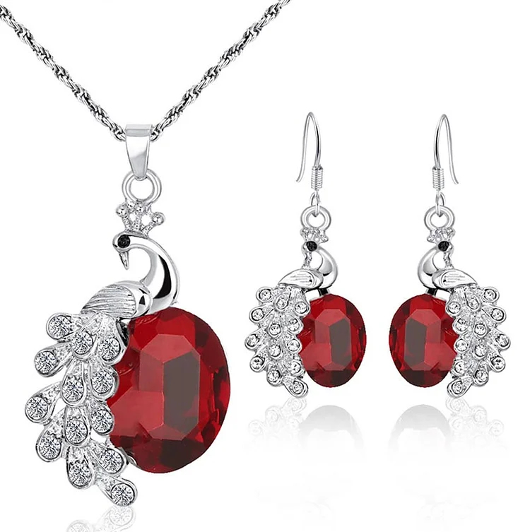 Casual Red Peacock Diamonds Necklace Earrings Set  Flycurvy [product_label]