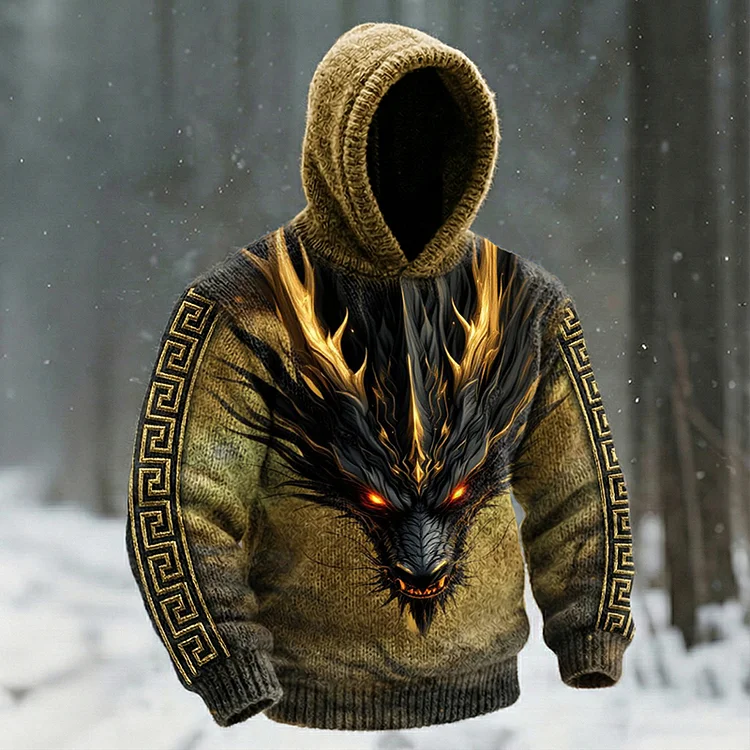 Dragon Pattern Men's Cozy Hooded Sweater